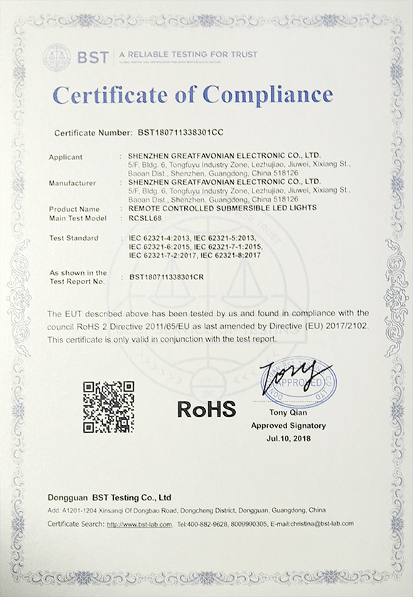 GFLAL led submersible pool light certificates